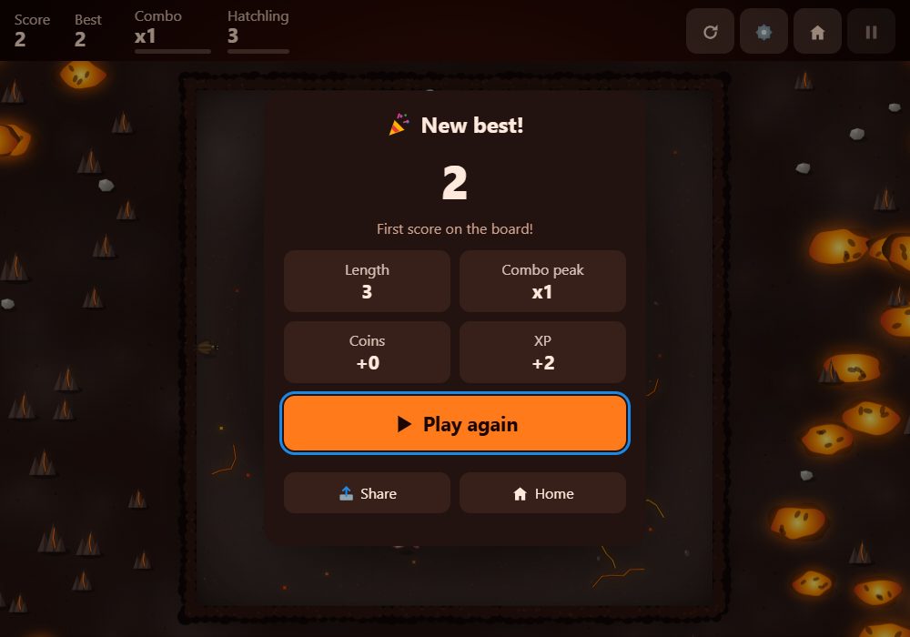 The end of a run in the Volcano arena, showing the score and best score